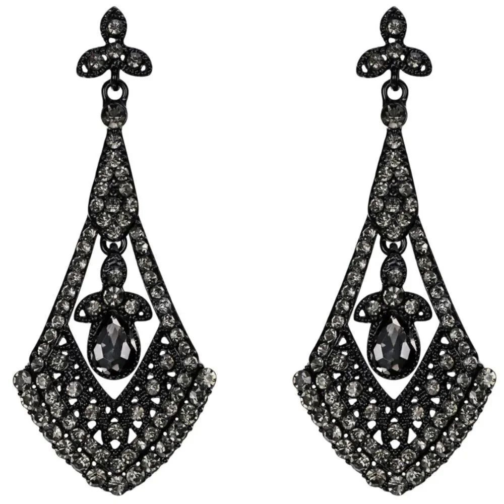 Carbon Black with Charcoal Gray Crystal Art Deco Rhombus Chandelier Earrings
